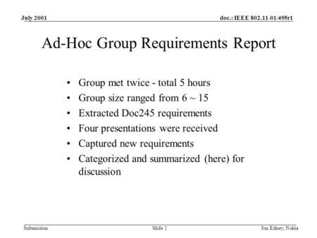 Doc.: IEEE 802.11-01/495r1 Submission July 2001 Jon Edney, NokiaSlide 1 Ad-Hoc Group Requirements Report Group met twice - total 5 hours Group size ranged.