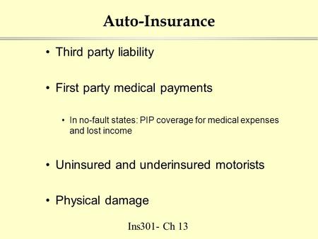 Ins301- Ch 13 Auto-Insurance Third party liability First party medical payments In no-fault states: PIP coverage for medical expenses and lost income Uninsured.