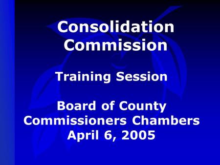 Consolidation Commission Training Session Board of County Commissioners Chambers April 6, 2005.