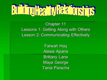 Chapter 11 Lessons 1: Getting Along with Others Lesson 2: Communicating Effectively Farwah Haq Alesia Apana Brittany Lane Maya George Tania Paracha.