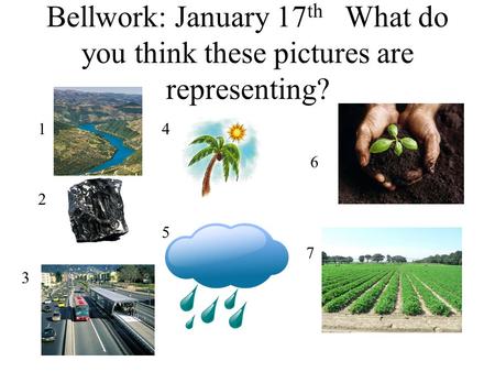Bellwork: January 17 th What do you think these pictures are representing? 1 2 3 4 6 7 5.