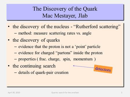 The Discovery of the Quark Mac Mestayer, Jlab the discovery of the nucleus - “Rutherford scattering” – method: measure scattering rates vs. angle the discovery.