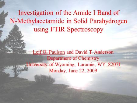 Investigation of the Amide I Band of N-Methylacetamide in Solid Parahydrogen using FTIR Spectroscopy Leif O. Paulson and David T. Anderson Department of.