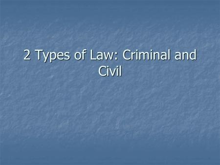 2 Types of Law: Criminal and Civil. Criminal Law Charges are brought by the government against a person accused of committing a crime Charges are brought.
