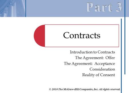Introduction to Contracts The Agreement: Offer The Agreement: Acceptance Consideration Reality of Consent © 2010 The McGraw-Hill Companies, Inc. All rights.