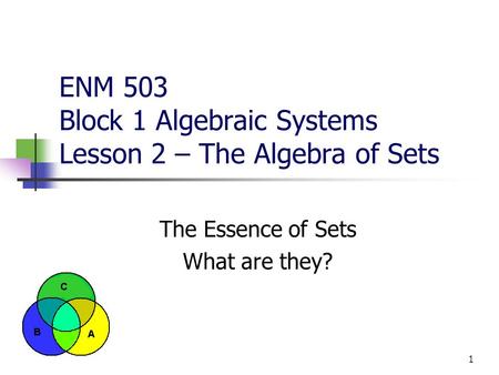 1 ENM 503 Block 1 Algebraic Systems Lesson 2 – The Algebra of Sets The Essence of Sets What are they?