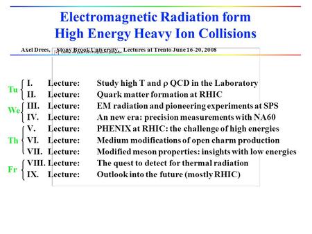 Axel Drees, Stony Brook University, Lectures at Trento June 16-20, 2008 Electromagnetic Radiation form High Energy Heavy Ion Collisions I.Lecture:Study.