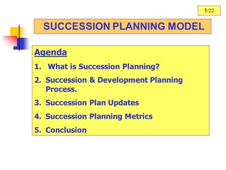 1 /22 SUCCESSION PLANNING MODEL Agenda 1. What is Succession Planning? 2.Succession & Development Planning Process. 3.Succession Plan Updates 4.Succession.