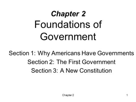 Chapter 21 Chapter 2 Foundations of Government Section 1: Why Americans Have Governments Section 2: The First Government Section 3: A New Constitution.