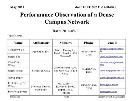 Doc.: IEEE 802.11-14/0648r0 Submission May 2014 Chinghwa Yu et. al., MediaTekSlide 1 Performance Observation of a Dense Campus Network Date: 2014-05-11.
