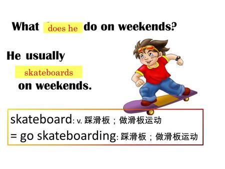 What do you do on weekends? I usually … on weekends. skateboard skateboard : v. 踩滑板；做滑板运动 = go skateboarding : 踩滑板；做滑板运动 does he skateboards He.
