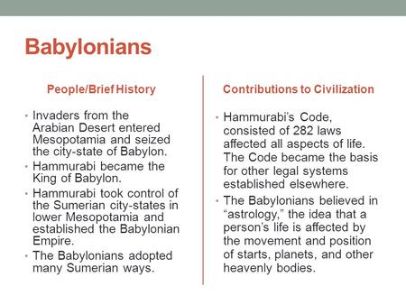 Babylonians People/Brief History Invaders from the Arabian Desert entered Mesopotamia and seized the city-state of Babylon. Hammurabi became the King of.