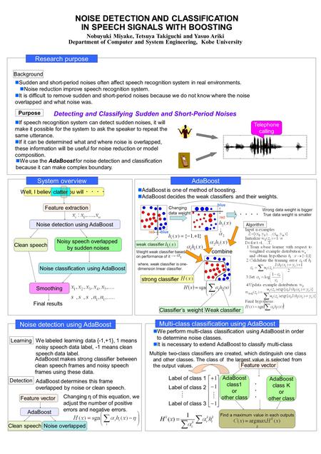 NOISE DETECTION AND CLASSIFICATION IN SPEECH SIGNALS WITH BOOSTING Nobuyuki Miyake, Tetsuya Takiguchi and Yasuo Ariki Department of Computer and System.