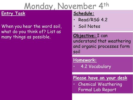 Monday, November 4 th Entry Task When you hear the word soil, what do you think of? List as many things as possible. Schedule: Read/RSG 4.2 Soil Notes.