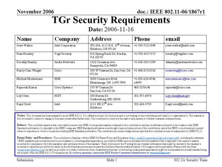 Doc.: IEEE 802.11-06/1867r1 Submission November 2006 802.11r Security TeamSlide 1 TGr Security Requirements Notice: This document has been prepared to.
