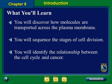 Chapter Intro-page 194 What You’ll Learn You will discover how molecules are transported across the plasma membrane. You will sequence the stages of cell.