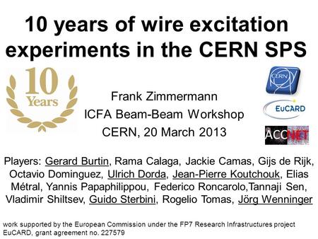 10 years of wire excitation experiments in the CERN SPS Frank Zimmermann ICFA Beam-Beam Workshop CERN, 20 March 2013 Players: Gerard Burtin, Rama Calaga,