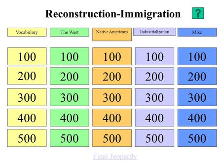 Reconstruction-Immigration 100 200 300 400 500 100 200 300 400 500 100 200 300 400 500 100 200 300 400 500 100 200 300 400 500 VocabularyThe West Native.