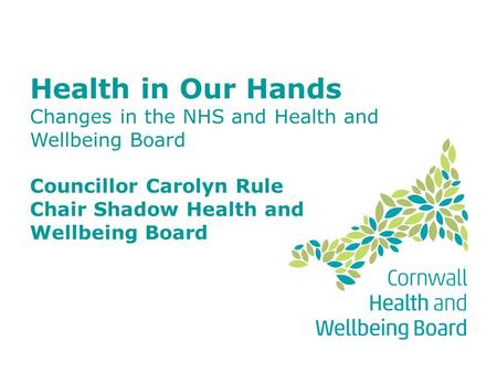 Health in Our Hands Changes in the NHS and Health and Wellbeing Board Councillor Carolyn Rule Chair Shadow Health and Wellbeing Board.