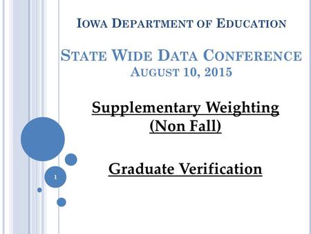 I OWA D EPARTMENT OF E DUCATION S TATE W IDE D ATA C ONFERENCE A UGUST 10, 2015 Supplementary Weighting (Non Fall) Graduate Verification 1.