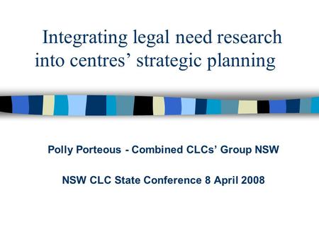 Integrating legal need research into centres’ strategic planning Polly Porteous - Combined CLCs’ Group NSW NSW CLC State Conference 8 April 2008.