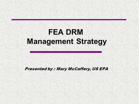 FEA DRM Management Strategy Presented by : Mary McCaffery, US EPA.