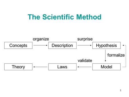 1 ConceptsDescriptionHypothesis TheoryLawsModel organizesurprise validate formalize The Scientific Method.