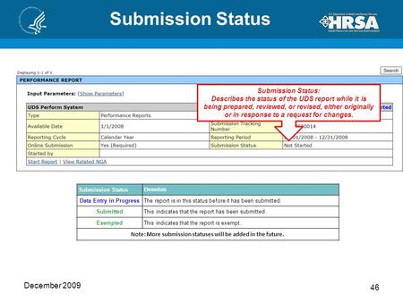 Submission Status December 2009 46 Submission Status: Describes the status of the UDS report while it is being prepared, reviewed, or revised, either originally.