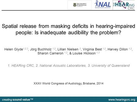 www.hearingcrc.org creating sound value TM Spatial release from masking deficits in hearing-impaired people: Is inadequate audibility the problem? Helen.