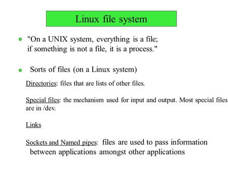 Linux file system On a UNIX system, everything is a file; if something is not a file, it is a process. Sorts of files (on a Linux system) Directories: