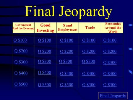 Final Jeopardy Government And the Economy Good Investing $ and Employment Trade Economics Around the World Q $100 Q $200 Q $300 Q $400 Q $500 Q $100 Q.