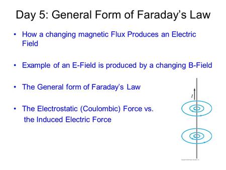 Day 5: General Form of Faraday’s Law How a changing magnetic Flux Produces an Electric Field Example of an E-Field is produced by a changing B-Field The.