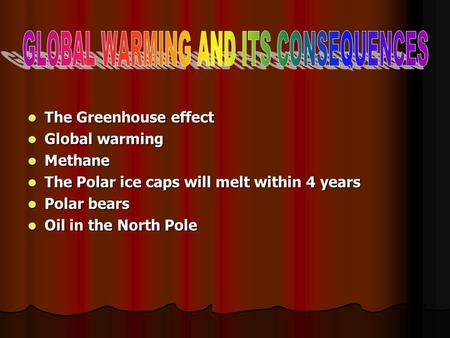 The Greenhouse effect The Greenhouse effect Global warming Global warming Methane Methane The Polar ice caps will melt within 4 years The Polar ice caps.