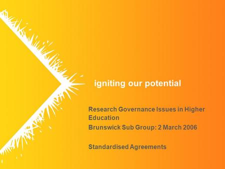 Igniting our potential Research Governance Issues in Higher Education Brunswick Sub Group: 2 March 2006 Standardised Agreements.