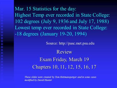 Mar. 15 Statistics for the day: Highest Temp ever recorded in State College: 102 degrees (July 9, 1936 and July 17, 1988) Lowest temp ever recorded in.