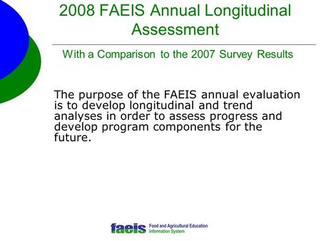 2008 FAEIS Annual Longitudinal Assessment With a Comparison to the 2007 Survey Results The purpose of the FAEIS annual evaluation is to develop longitudinal.