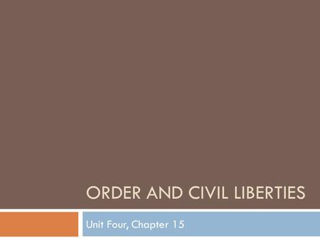 ORDER AND CIVIL LIBERTIES Unit Four, Chapter 15. Bill of Rights First 10 Amendments of the US Constitution Limits on the national government but not on.