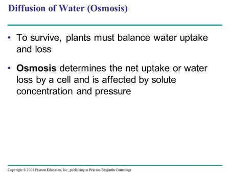 Copyright © 2008 Pearson Education, Inc., publishing as Pearson Benjamin Cummings Diffusion of Water (Osmosis) To survive, plants must balance water uptake.