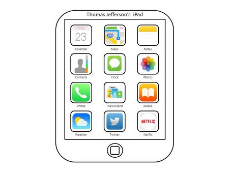 Thomas Jefferson’s iPad CalendarMapsNotes ContactsClockPhotos PhoneNewsstandiBooks WeatherTwitterNetflix.