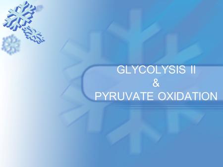 GLYCOLYSIS II & PYRUVATE OXIDATION. Last class... Intro to cellular respiration C 6 H 12 O 6 + 6O 2  6CO 2 + 6H 2 O + 36 ATP * A series of oxidizing.
