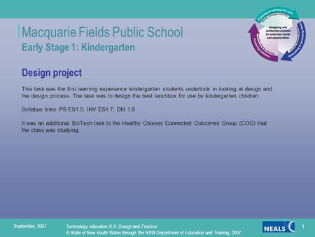 Macquarie Fields Public School Early Stage 1: Kindergarten Design project This task was the first learning experience kindergarten students undertook in.