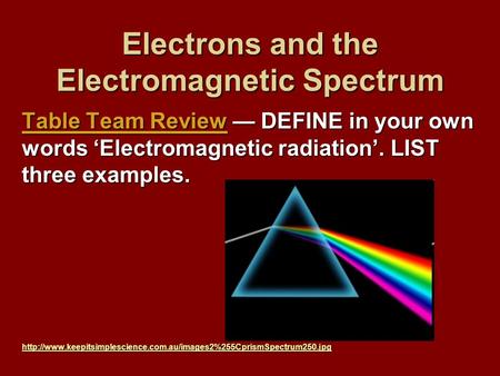 Electrons and the Electromagnetic Spectrum Table Team Review — DEFINE in your own words ‘Electromagnetic radiation’. LIST three examples.