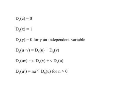 D x (c) = 0 D x (x) = 1 D x (y) = 0 for y an independent variable D x (u+v) = D x (u) + D x (v) D x (uv) = u D x (v) + v D x (u) D x (u n ) = nu n-1 D.