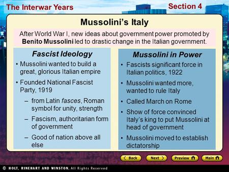 Mussolini’s Italy Fascist Ideology Mussolini in Power