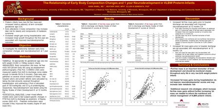 The Relationship of Early Body Composition Changes and 1 year Neurodevelopment in VLBW Preterm Infants SARA RAMEL, MD 1, HEATHER GRAY, MPH 2, ELLEN W DEMERATH,