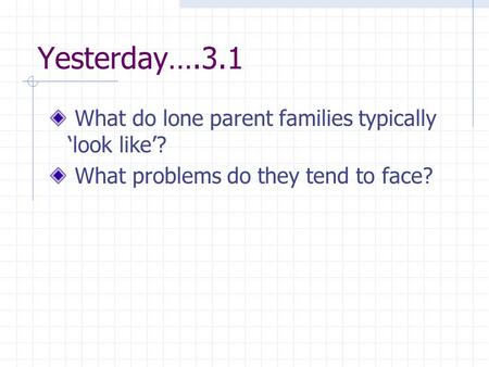 Yesterday….3.1 What do lone parent families typically ‘look like’? What problems do they tend to face?