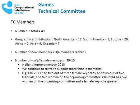 Games Technical Committee TC Members Number in total = 49 Geographical distribution : North America = 12, South America = 1, Europe = 20, Africa = 0, Asia.