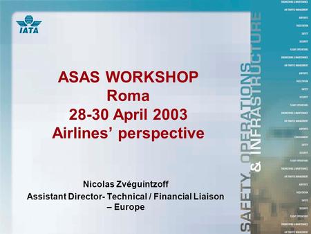 ASAS WORKSHOP Roma 28-30 April 2003 Airlines’ perspective Nicolas Zvéguintzoff Assistant Director- Technical / Financial Liaison – Europe.