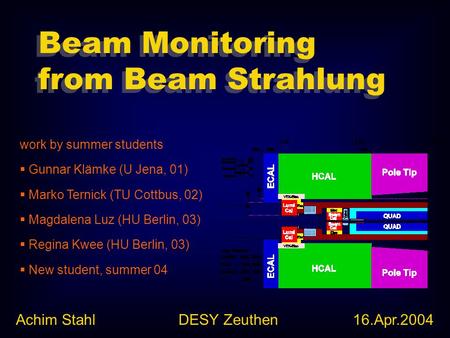 Beam Monitoring from Beam Strahlung work by summer students  Gunnar Klämke (U Jena, 01)  Marko Ternick (TU Cottbus, 02)  Magdalena Luz (HU Berlin, 03)