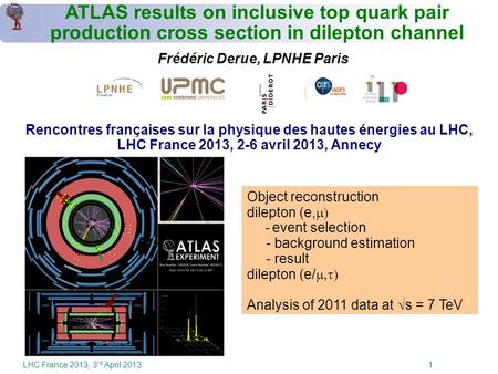 LHC France 2013, 3 rd April 2013 1 ATLAS results on inclusive top quark pair production cross section in dilepton channel Frédéric Derue, LPNHE Paris Rencontres.